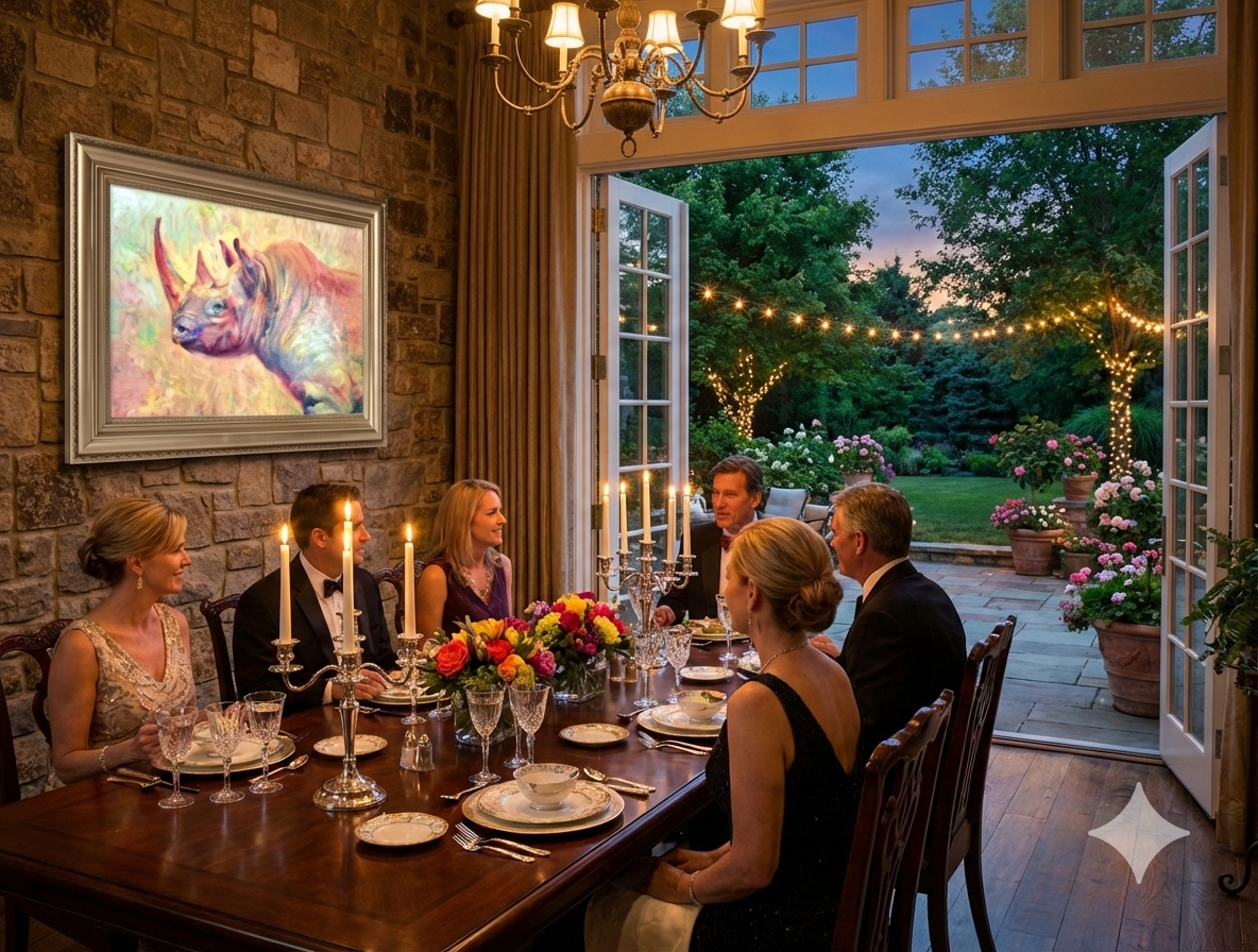 Dinner party in a stylishly decorated room with a painting of a rhino on the wall.