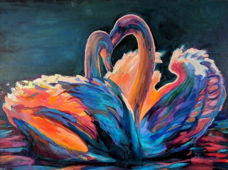 Colorful painting of two swans forming a heart shape against a dark background