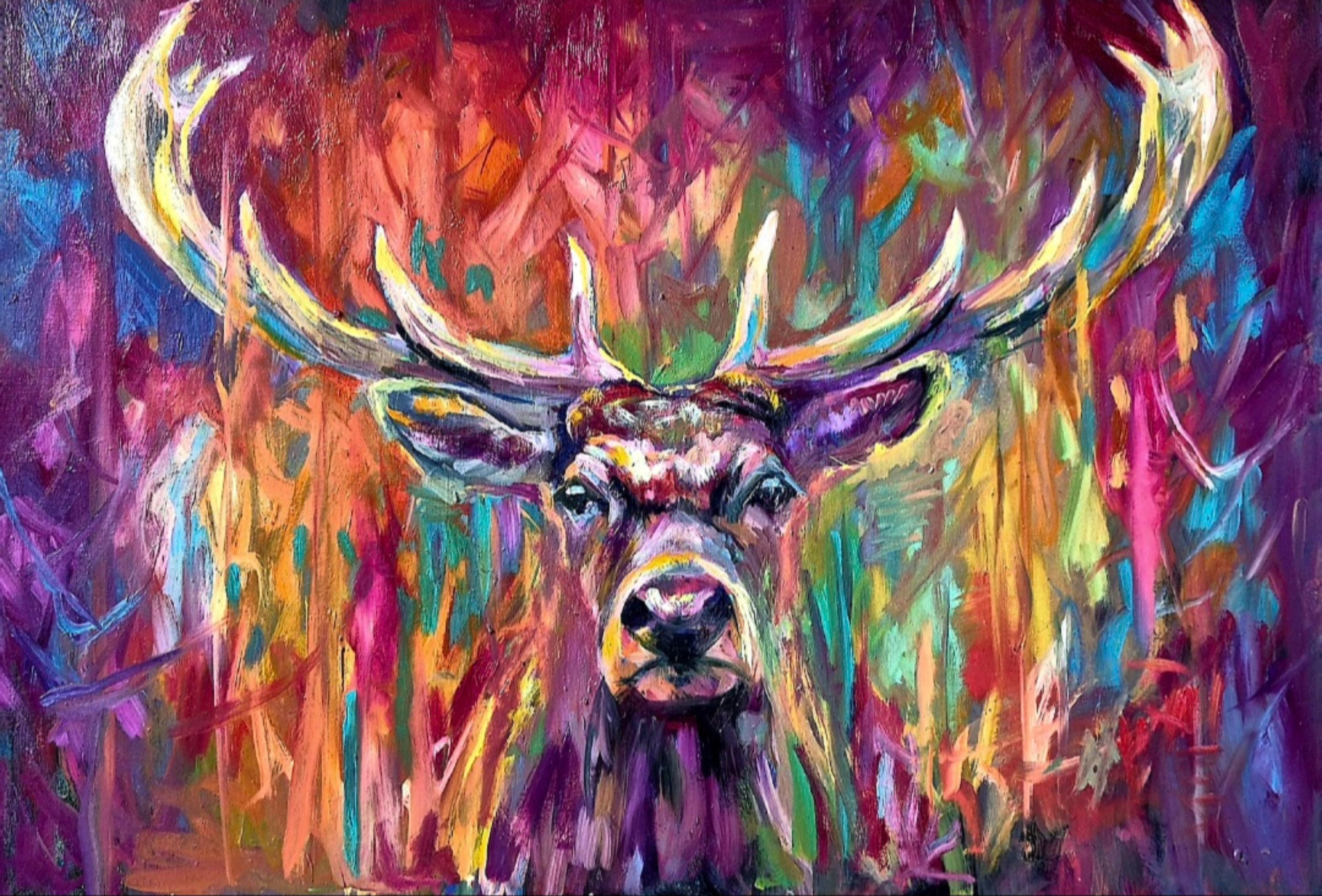 'Crowned in Colour' Original Red Deer Stag Oil Painting. 90 x 60 cm