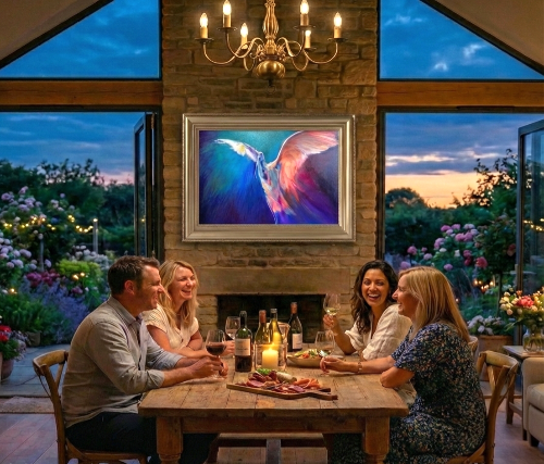 People sitting around a table in a garden setting with a painting of an ibis on the wall.