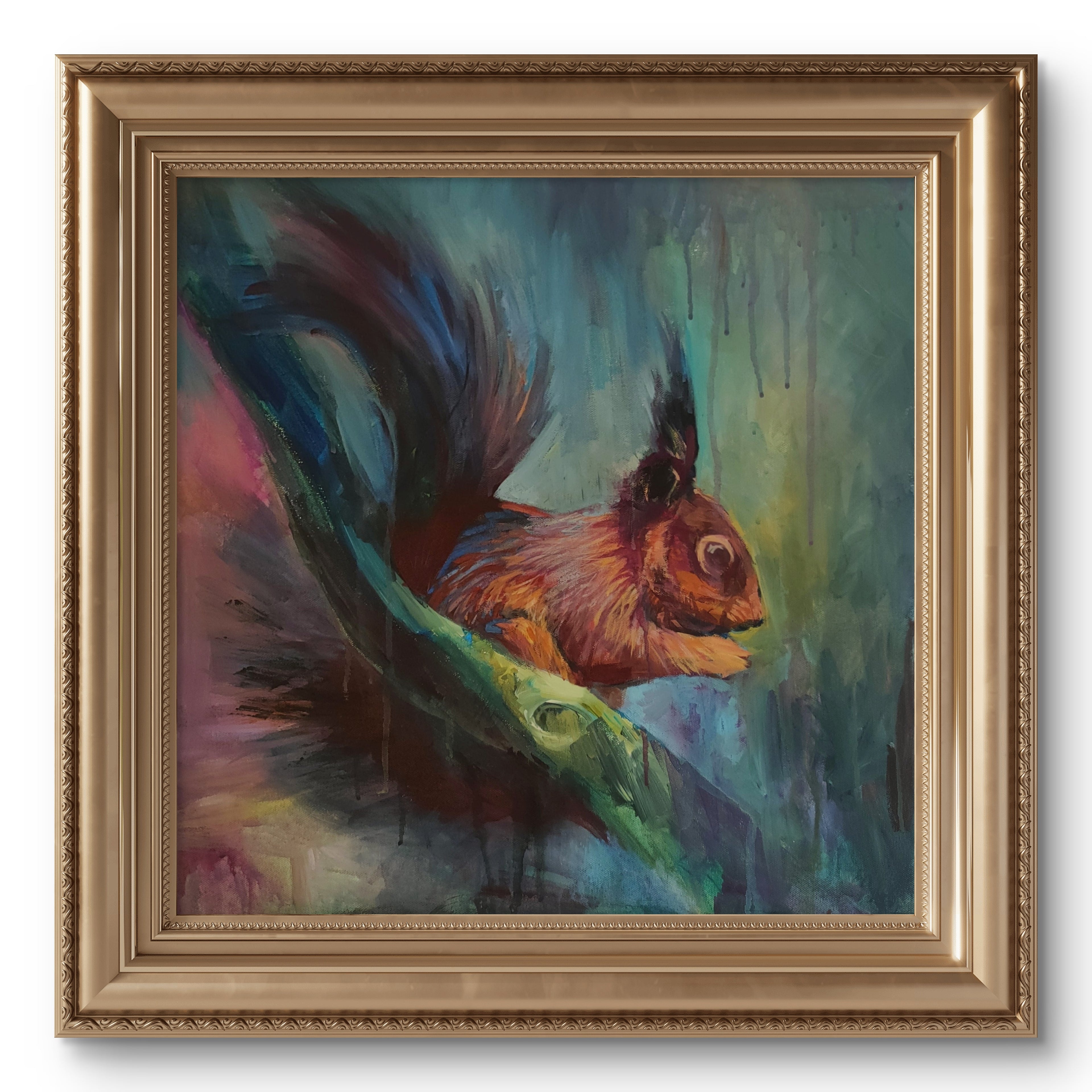 Colorful painting of a squirrel on a branch in a gold frame.