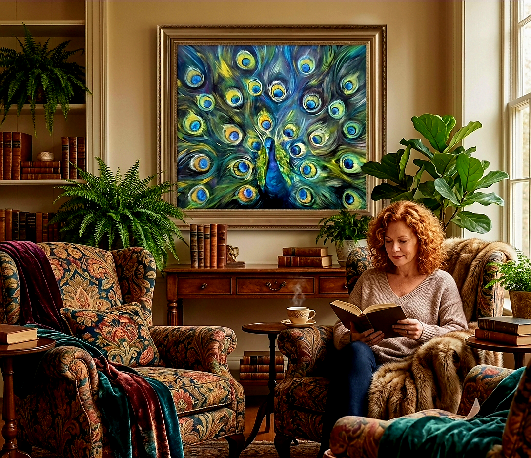 Sapphire Fan - Original Peacock Oil Painting - 100 x 130 cm/ 40 x 44"