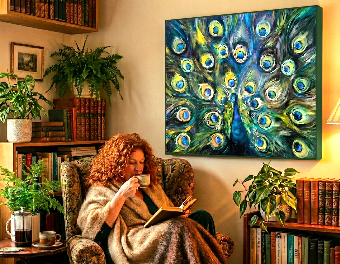 Sapphire Fan - Original Peacock Oil Painting - 100 x 130 cm/ 40 x 44"