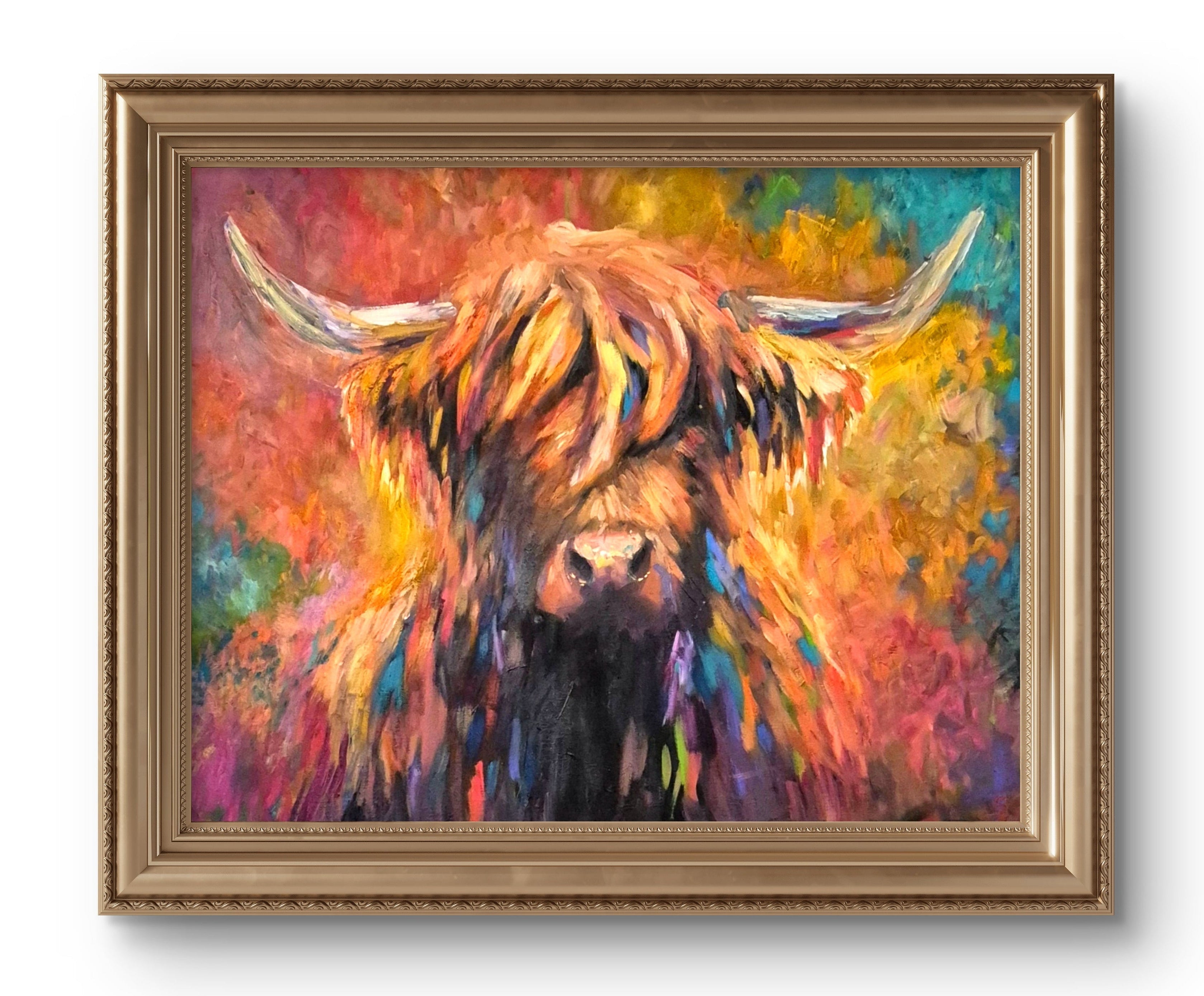 Framed painting of a colorful highland cow on a white background