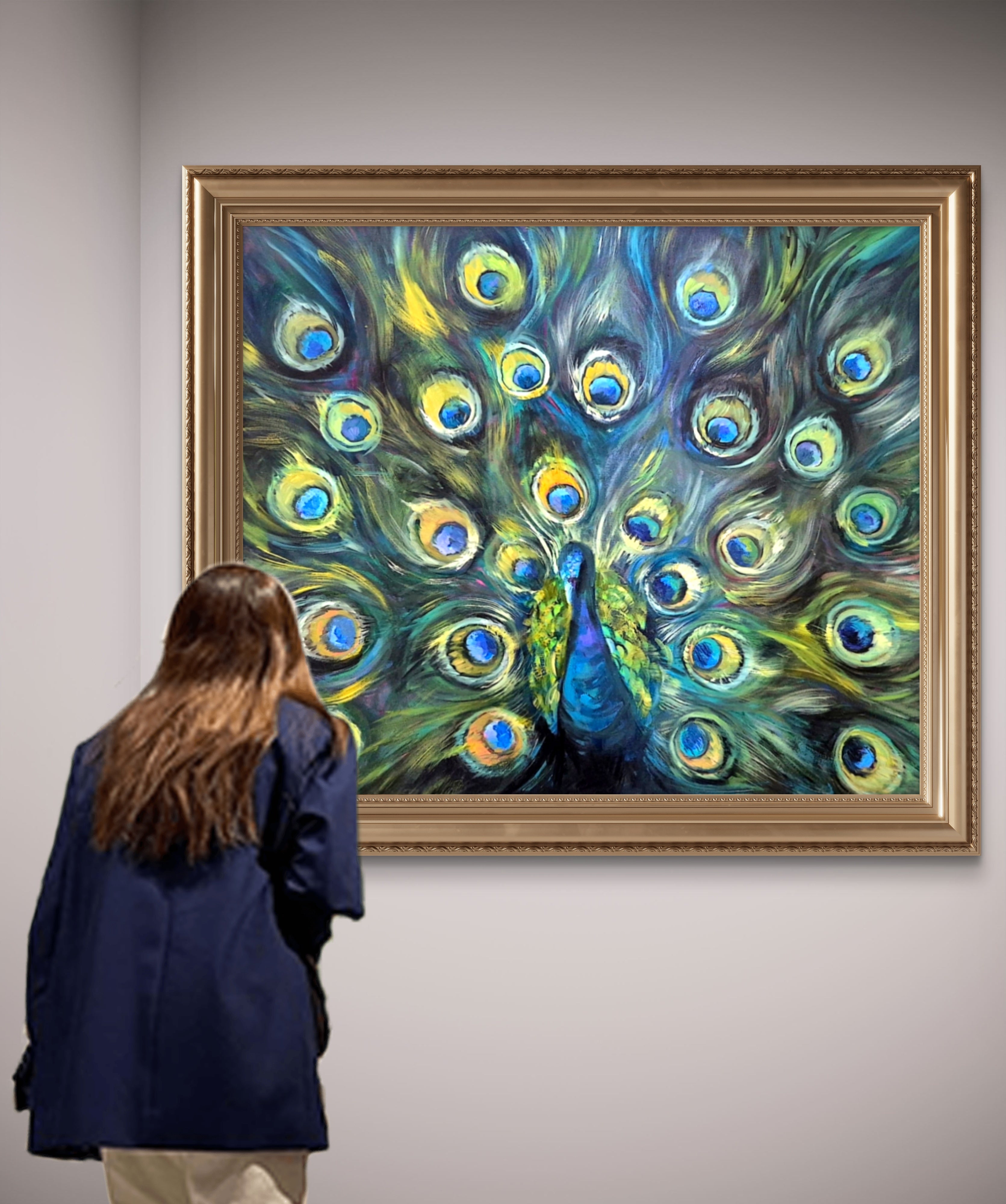 Original Peacock Oil Painting -  Sapphire Fan - 100 x 130 cm/ 40 x 44"