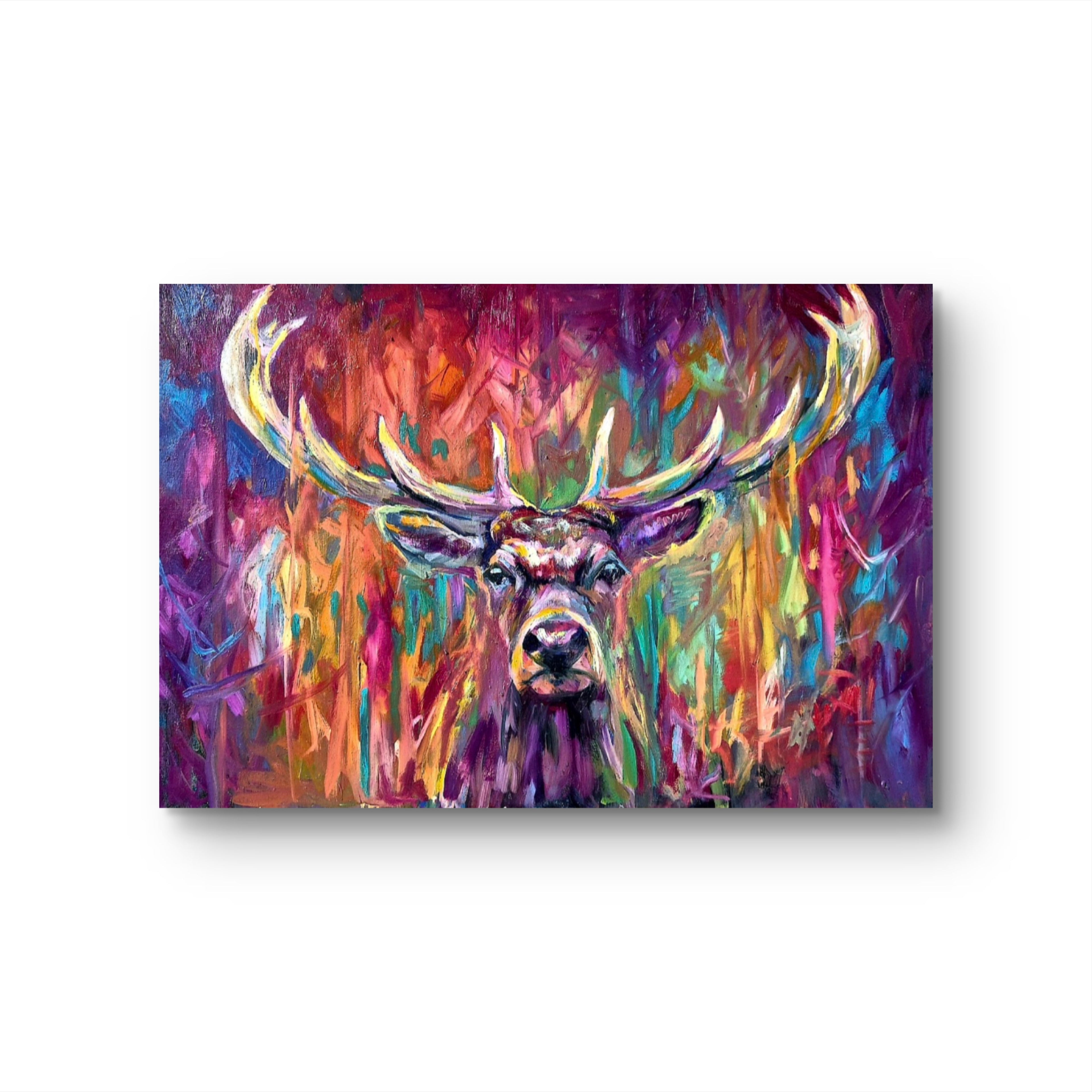 'Crowned in Colour' Original Red Deer Stag Oil Painting. 90 x 60 cm