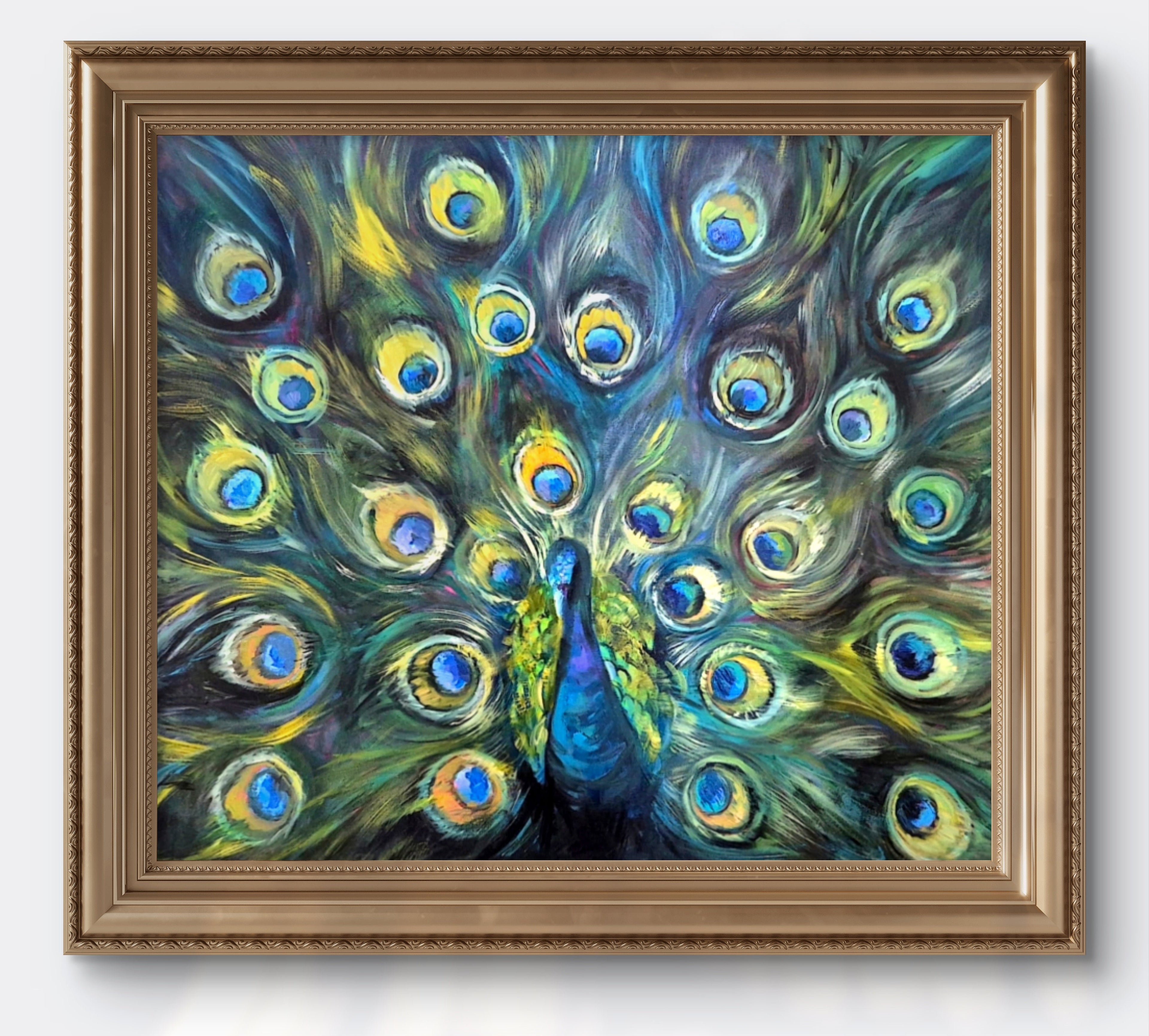 Framed painting of a peacock with vibrant colors on a white background