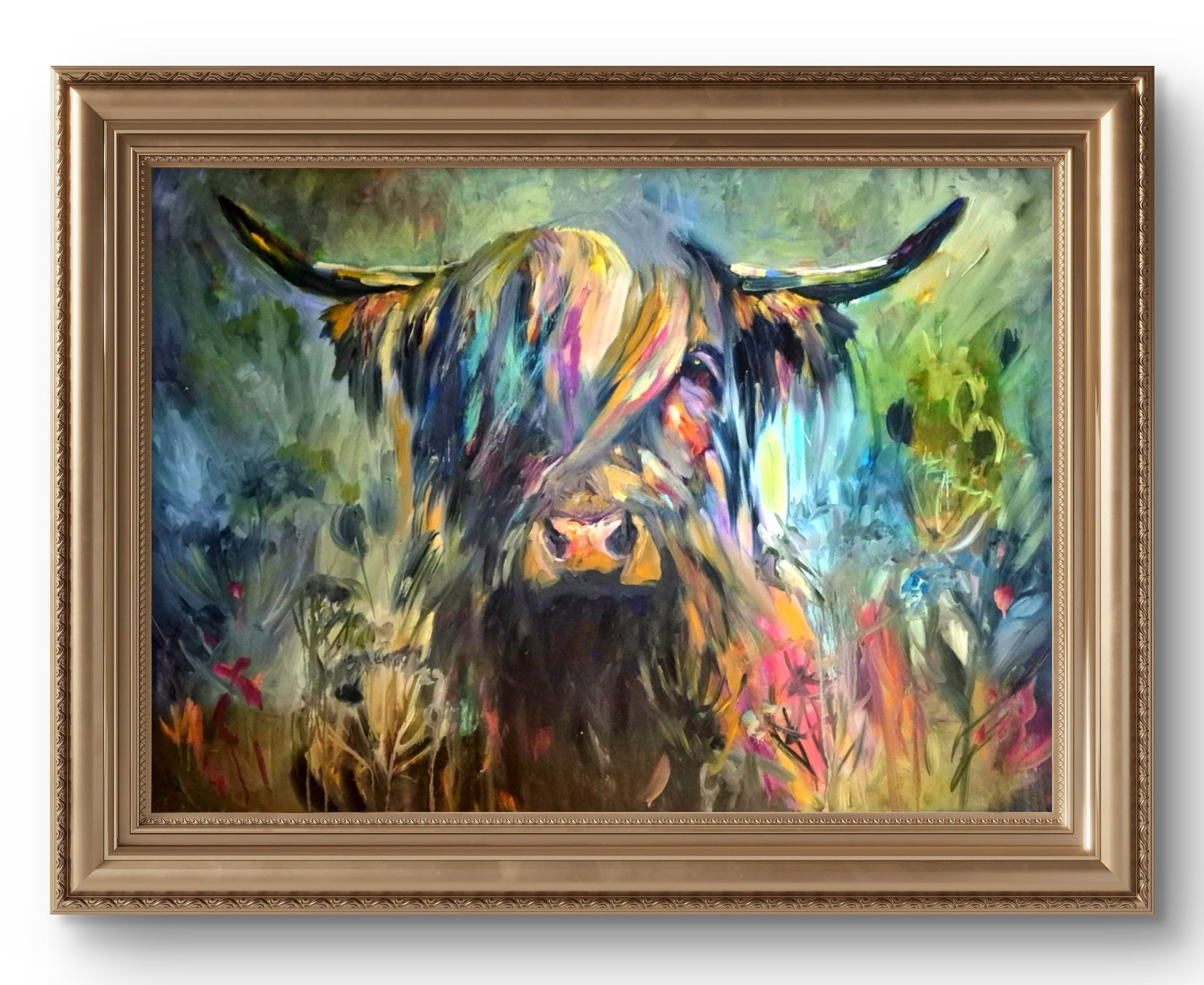 Framed abstract painting of a highland cow with colorful brushstrokes on a white background